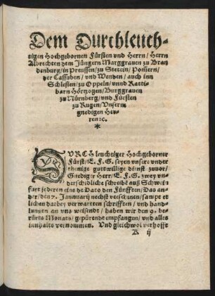 Dem Durchleuchtigen ... Herrn Albrechten dem Jüngern Marggraven zu Brandenburg ...