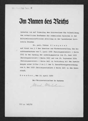 Schreiben des Reichsstatthalters in Sachsen, Martin Mutschmann, an Prof. Victor Klemperer vom 10.04.1935 betr. "Entpflichtung" vom Universitätsdienst