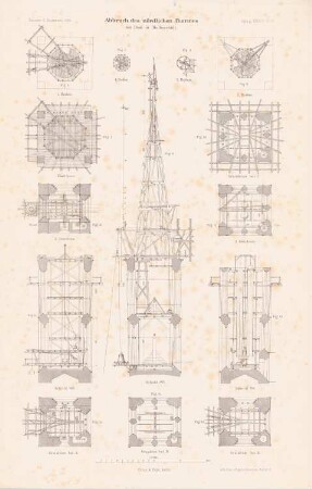 Dom, Halberstadt: Schnitte, Details zum Abbruch des Turmes (aus: Atlas zur Zeitschrift für Bauwesen, hrsg. v. G. Erbkam, Jg. 34, 1884)