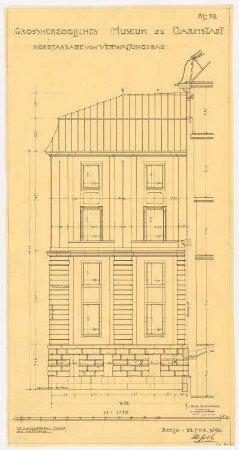 Großherzogliches Museum, Darmstadt Ausführungsprojekt ab 1896: Hinterbau: Ansicht Verwaltungstrakt Nordseite 1:50
