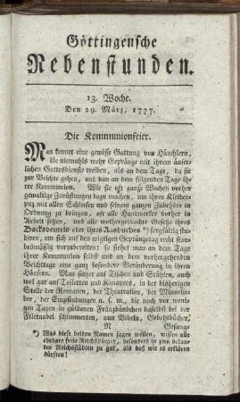 13. Woche. Den 29. März, 1777