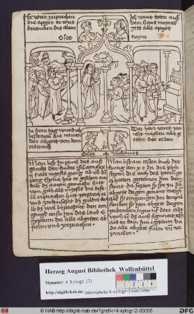 Drei biblische Szenen umgeben von vier Propheten. Mittig: Die Heilige Familie in Ägypten mit dem Sturz der Götzen. Links: Das Goldene Kalb. Rechts: Die Bundeslade im Tempel Dagons.