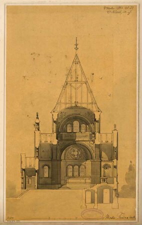 Friedhofskapelle, Greifswald Monatskonkurrenz Oktober 1883: Längsschnitt; Maßstabsleiste