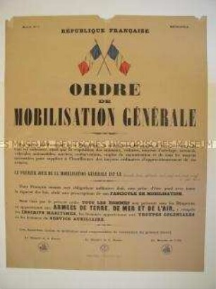 Maueranschlag für Frankreich 1939 mit dem Aufruf zur Mobilmachung (einsprachig)