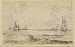 Dünen, Wattmeer mit drei Gestalten und Schiffe auf See