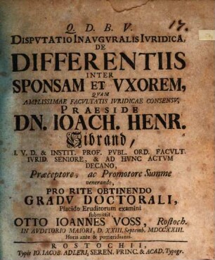Disputatio inauguralis iuridica de differentiis inter sponsam et uxorem