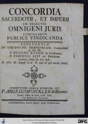 Concordia Sacerdotii, Et Imperii Ex Selectis Omnigeni Iuris Corollariis Publice Vindicanda