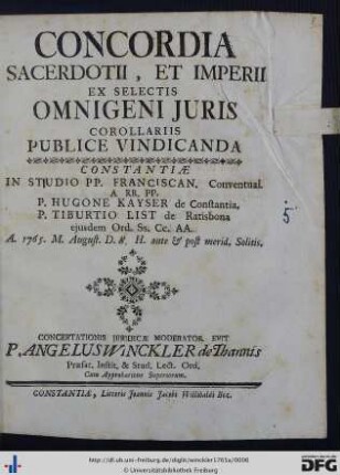 Concordia Sacerdotii, Et Imperii Ex Selectis Omnigeni Iuris Corollariis Publice Vindicanda