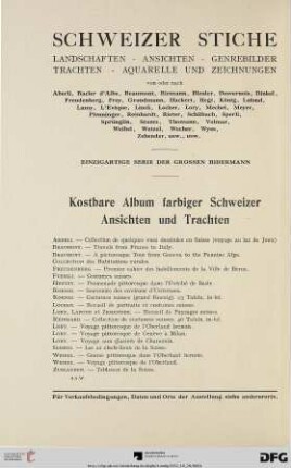 Gravures suisses : vues, sujets de genre, costumes, aquarelles et dessins par ou d'après Aberli, Bacler d'Albe, ... ; série unique de grands Bidermann ; précieux recueils de vues et de costumes suisses en couleurs ... ; [vente aux enchères les 28 et 29 octobre 1932] (Katalog Nr. 9)
