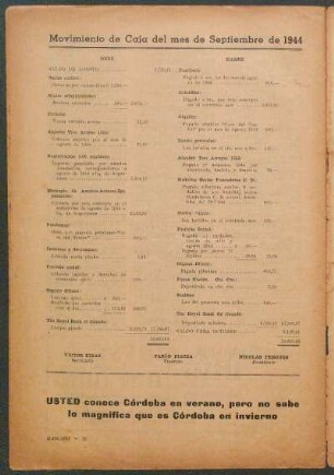 Movimiento de Caja del mes de Septiembre de 1944
