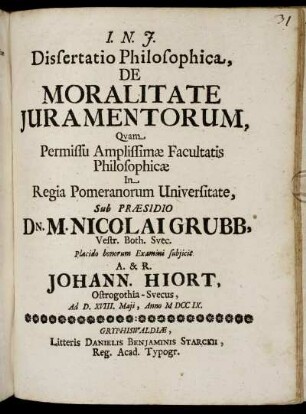 Dissertatio Philosophica, De Moralitate Iuramentorum