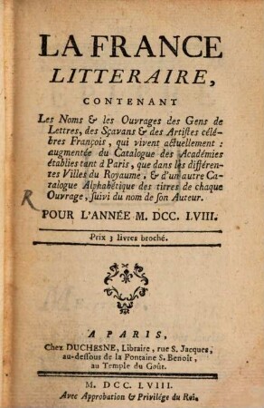 La France littéraire. 1758, 1758
