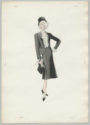 Ein Kostüm aus wadenlangem Rock und Jacke mit Rüschenbluse, Hut und Handtasche (Archivtitel)