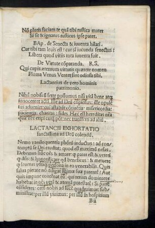 Lactancii Exhortatio sanctissima ad Deum colendum.