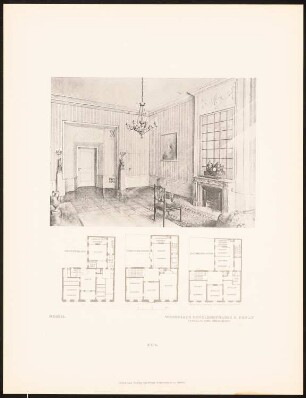 Wohnhaus Kretzer, Berlin-Tiergarten: Ansichtin des Salons und Grundrisse (aus: Alfred Messel, 1912)
