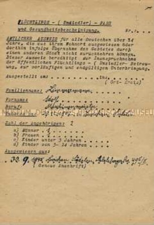 Flüchtlings- und Umsiedlerausweis nach der Ausweisung aus dem ehemaligen Sudetenland - Familienkonvolut