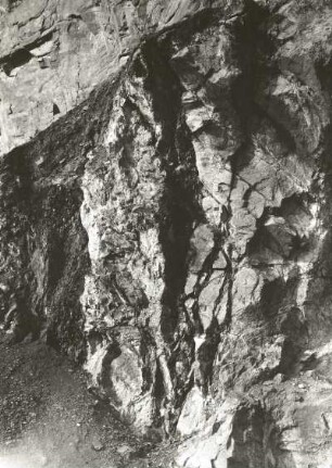 Plauenscher Grund. Syenitbruch an der ehem. Braunschen Mühle. Harnische und Myolit-Zonen