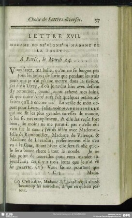 Lettre XVII.Madame De Sévigné A Madame De La Fayette. A Paris, le Mardi 24.