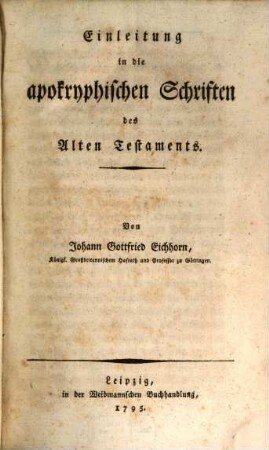 Einleitung in die apokryphischen Schriften des Alten Testaments