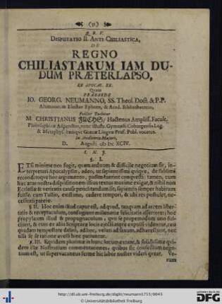 Disputatio II. Anti-Chiliastica, De Regno Chiliastarum Iam Dudum Praeterlapso, Ex Apocal. XX.