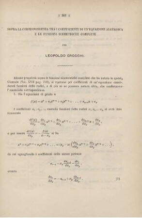 Sopra la corrispondenza tra i coefficienti di un'equazione algebrica e le funzioni simmetriche complete.