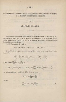 Sopra la corrispondenza tra i coefficienti di un'equazione algebrica e le funzioni simmetriche complete.