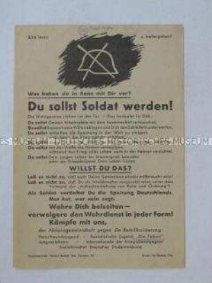 Propagandaflugblatt der Aktionsgemeinschaft gegen die Remilitarisierung gegen das geplante Wehrgesetz