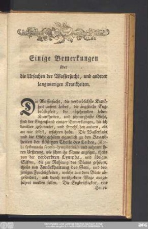 Einige Bemerkungen über die Ursachen der Wassersucht, und anderer langwierigen Krankheiten.