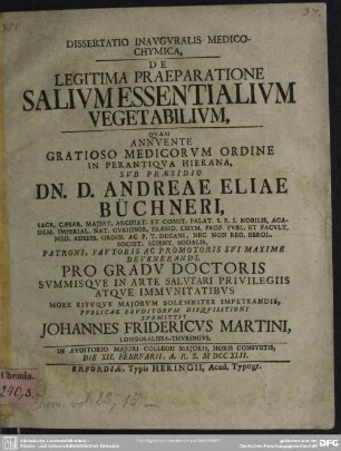 Dissertatio Inauguralis Medico-Chymica, De Legitima Praeparatione Salium Essentialium Vegetabilium