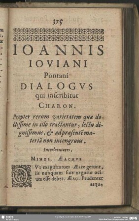 Ioannis Iovanni Pontani Dialogus qui inscribitur Charon