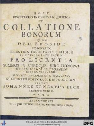 Dissertatio Inauguralis Juridica De Collatione Bonorum