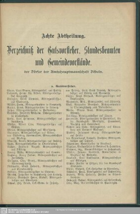 Achte Abteilung. Verzeichnis der Gutsvorsteher, Standesbeamten und Gemeindevorstände der Dörfer der Amtshauptmannschaft Döbeln