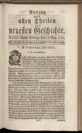 XXXIII. Nachlese. Coburg, den 16. Aug. 1752.