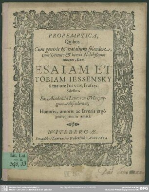 Propemptica, quibus Esaiam et Tobiam Iessensky ex academia Leucorea Marpurgum discendentes prosequuntur amici