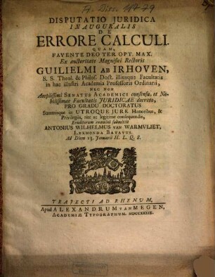 Disputatio Iuridica Inauguralis De Errore Calculi