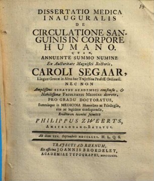 Diss. med. inaug. de circulatione sanguinis in corpore humano