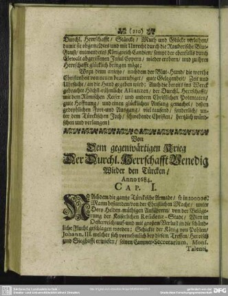 Von dem gegenwärtigen Krieg Der Durchl. Herrschaft Venedig Wieder den Türcken, Anno 1684