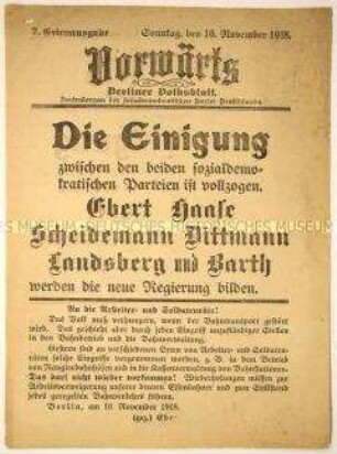 Flugblatt an die Arbeiter- und Soldatenräte als Extraausgabe des "Vorwärts-Berliner Volksblatt" über die Neubildung der Regierung Ebert