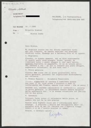 Brief an Bianca Zedda, 12.07.1992