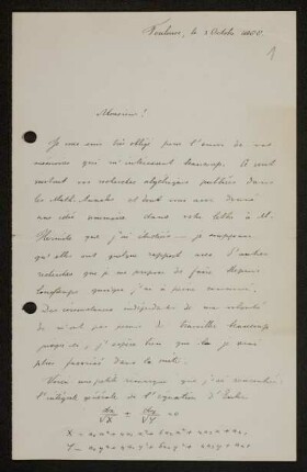 Brief von Thomas Jan Stieltjes an David Hilbert, Toulouse, 3.10.1888