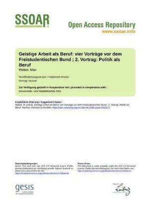 Geistige Arbeit als Beruf: vier Vorträge vor dem Freistudentischen Bund ; 2. Vortrag: Politik als Beruf