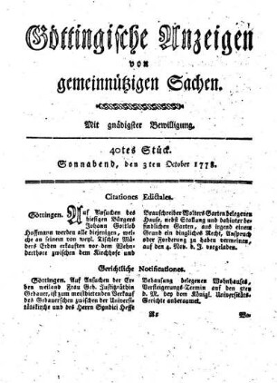 40tes Stück. Sonnabend, den 3ten October 1778.