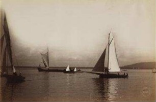 Regatta auf dem Müggelsee vor der Abfahrt, Segelnde Boote