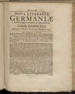 Nova Literaria Germaniæ...Collecta Hamburgi Editaque Calendis Augusti MDCCIX.