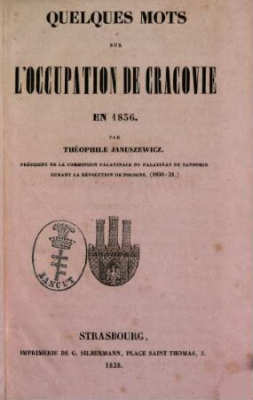 Quelques mots sur l'occupation de Cracovie en 1836