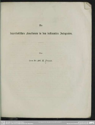 Die hyperbolischen Functionen in den bestimmten Integralen
