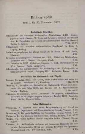Bibliographie vom 1. bis 30. November 1892.