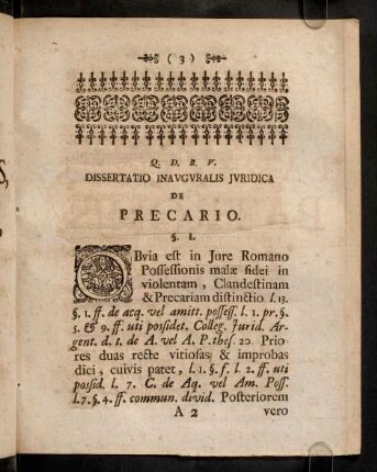 3-16, Q. D. B. V. Dissertatio Inavgvralis Jvridica De Precario. Corollaria.