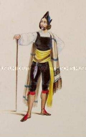 Mann mit schwarzer Latzhose, gelber Schärpe und Überwurf - Tafel aus Franceschini/Kostümbilder (Kassette 1)