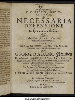Dissertatio Iuridica Criminalis, De Necessaria Defensione in specie sic dicta